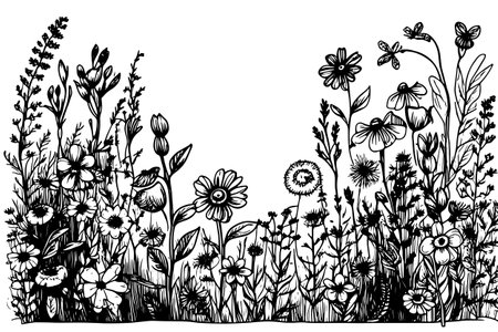 sketch Set Herbs and Wild Flowers. Hand drawn floral. Vector illustrationのイラスト素材