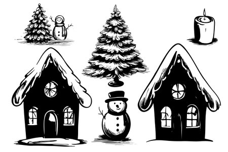 Hand sketch Set of Christmas clipart elements. Cute hand drawn vector illustraton, warm Christmas objects, christmas tree and houseのイラスト素材