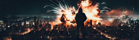 banner Explosions in city destroyed building and fireの素材