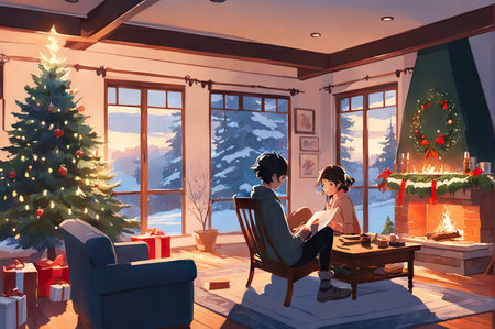 Christmas. burning fireplace in the living room man enjoying a winter dayの素材