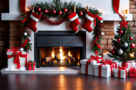 Adorned Christmas Tree, Wreath, and Garland Inside Living Room, Copyspaceの素材