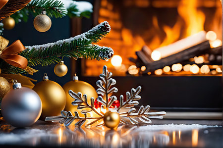 Christmas. Illuminated fireplace hearth, Christmas tree. decorations in living room close-upの素材