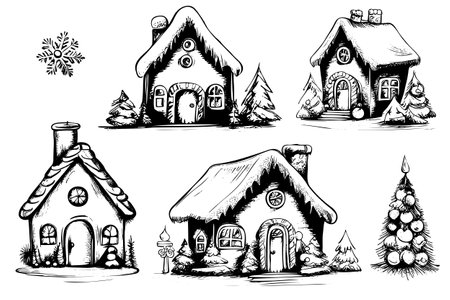 sketch Christmas hand drawn decorations, vector elements. Traditional Christmas symbols tree, house and decor.のイラスト素材