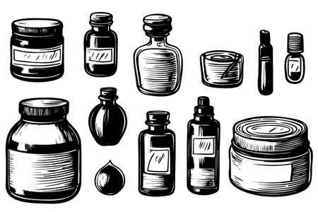Hand drawn jars collection, pharmacy bottles, oils, serums. Cosmetics glass, can illustration, drawing, engraving, ink, vectorのイラスト素材