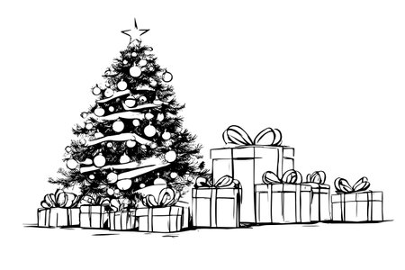 Hand drawn Christmas tree and gift boxes. Vector illustration sketch, line drawing.のイラスト素材