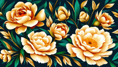Bouquet of vivid colorful flowers. Oil painting light pink peonies close-up. Vector illustration on color backgroundのイラスト素材