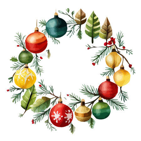 Hand drawn Christmas wreath on a white background. Green branches and decor. Vector illustration. Greeting card template with nature design. Winter Christmas holidays.のイラスト素材