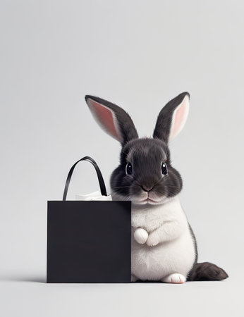 Fluffy rabbit looks at the sign. Easter Bunny. Rabbit for advertisingの素材