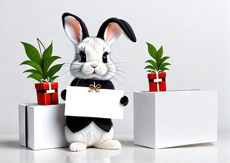 Rabbit holding a blank banner design for your mock up textの素材