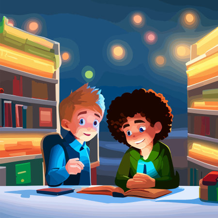 School kids sitting on table and reading book, two boy kid with glasses sit on table and reading tale book in school library, school education concept, back to school, vector illustrationのイラスト素材