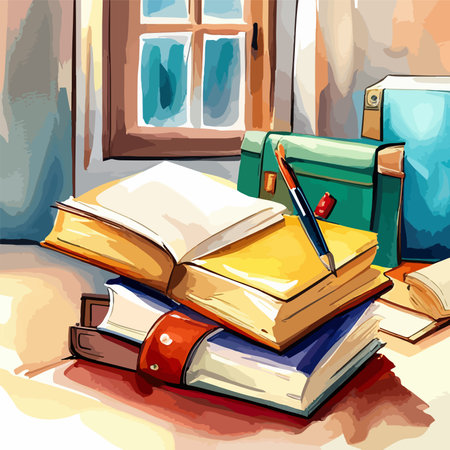 school colorful book watercolor set isolated on white background. Antique library books concept back to school vector illustrationのイラスト素材