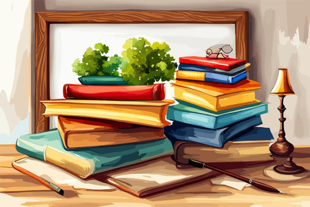 Watercolor school background Vintage books stacks and school supplies. School concept illustration. Education themed vector illustration.のイラスト素材