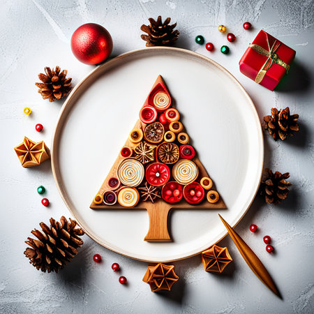 Christmas composition. Christmas gift boxes, pine cones, fir branches on wooden background. Flat lay, top view,の素材