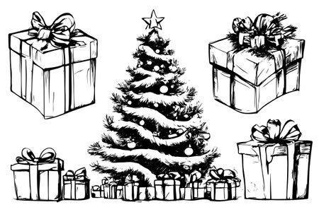 Hand drawn Christmas tree gift boxes drawing, etching, ink, line art, vector sketchのイラスト素材
