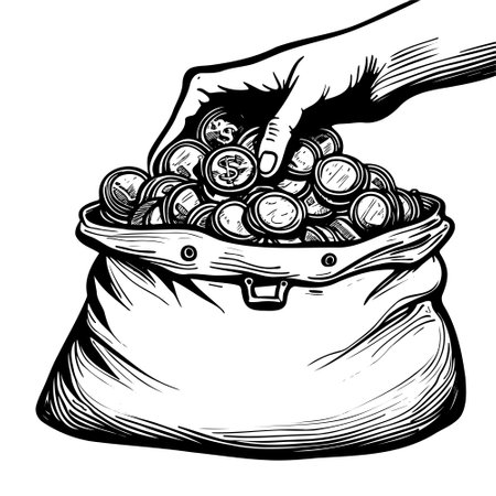 Sketch hand holding money in bag. Bag gold coins, concept saving or stealing. Isolated flat vector illustrationのイラスト素材