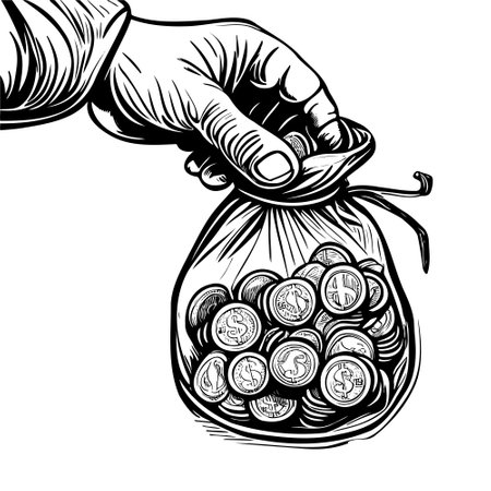 Sketch Money in bag coins dollars coins, isolated on white background hand drawnのイラスト素材