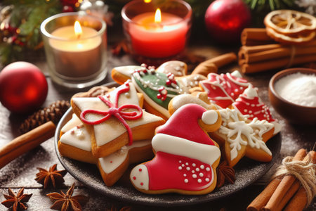 Directly above shot of decorated gingerbread cookies with spices on table. Homemade Christmas cookiesの素材