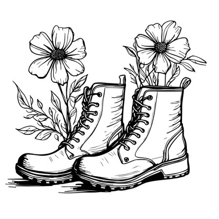 Sketch Flowers in boot. Isolated vector print illustration. Hand drawn, sweat personal hygiene conceptのイラスト素材