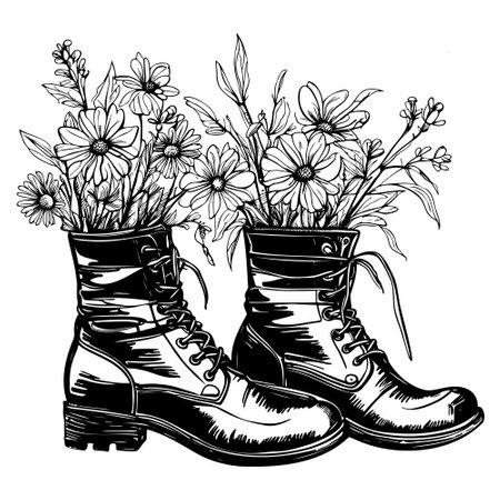 Sketch an boots filled with wild field meadow flowers. Hiking inspiring, nature admiration design. Hand drawn engraving style.のイラスト素材