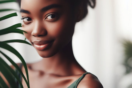 Beauty, skincare and palm leaf with model black woman in studio on background for health or wellness. Cosmetics, face and portrait with an attractive young female posing for natural careの素材