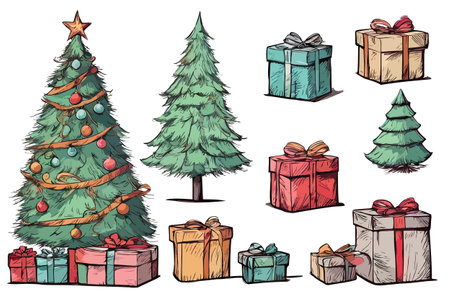 Set hand drawn Christmas trees decorated with gift boxes and balls.のイラスト素材