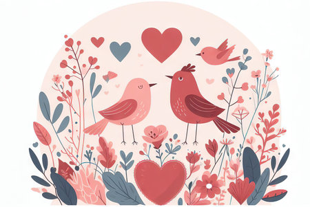 Valentines Day, couple in love, lettering. A guy and a girl on a romantic date. Heart and flowersの素材