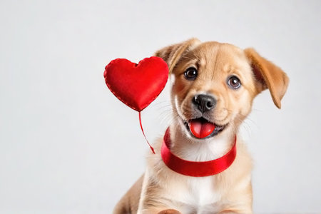 Cute portrait dog sitting and looking at camera with red heart in its mouth, isolated on a white background, concept for holidays and congratulationsの素材