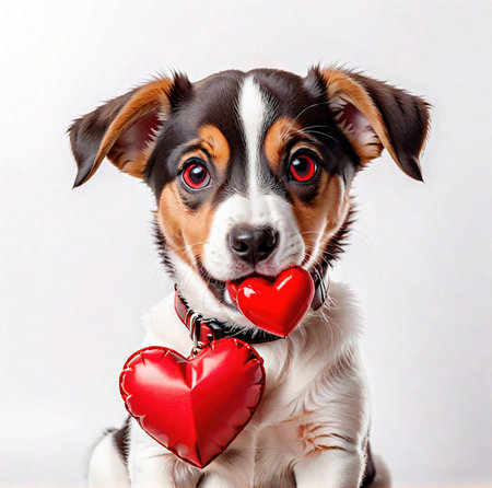 Cute portrait dog sitting and looking at camera with red heart in its mouth, isolated on a white background, concept for holidays and congratulationsの素材