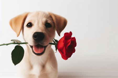 Valentines Day concept. Funny portrait cute dog puppy with red rose flower in his mouth, isolated on a white background. Lovely dog in love gives a gift on Valentines Dayの素材