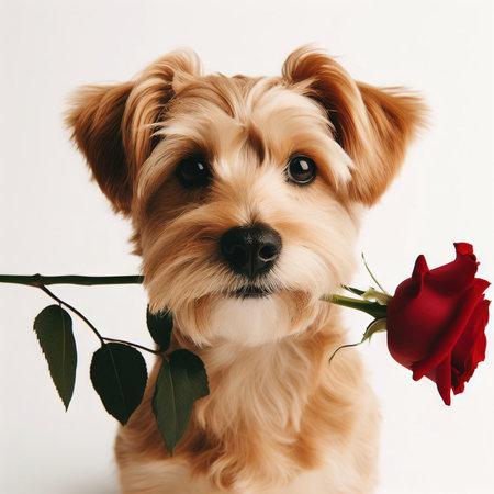 Cute portrait dog sitting and looking at camera with red rose in its mouth, isolated on a white background, concept for holidays and greetingsの素材