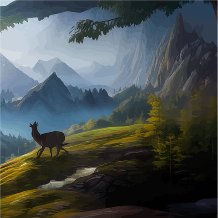 Incredible mountain landscape in clouds with forest and a river. Vector illustration. Breathtaking view. Beautiful mountains in the fog at dawnのイラスト素材