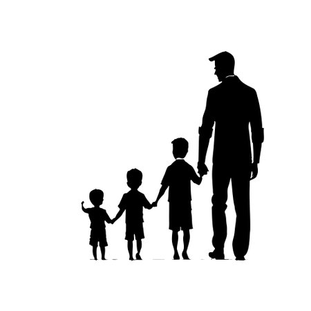 Silhouette drawing father walking hand in hand with his children view from the back. Hand drawn vector isolated on a white backgroundのイラスト素材