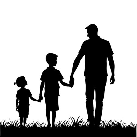 Fathers Day silhouette design, son and father. Hand drawn vector isolated on white backgroundのイラスト素材