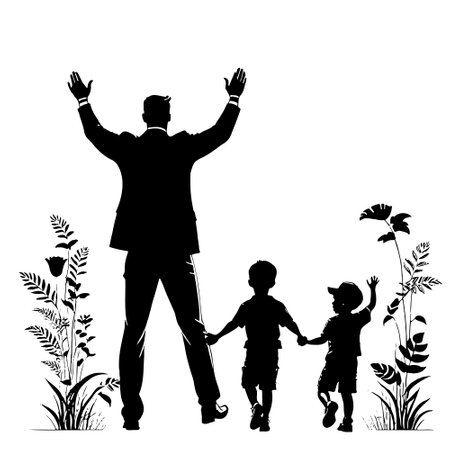 Silhouette drawing father walking hand in hand with his children view from the back. Hand drawn vector isolated on a white backgroundのイラスト素材