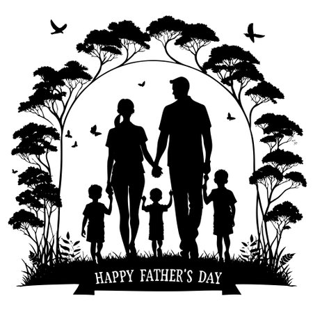 Fathers Day silhouette design, son and father. Hand drawn vector isolated on white backgroundのイラスト素材