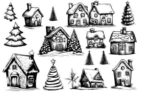 set hand drawn sketches. Cute cottage Christmas tree and paraphernalia Merry Christmas and Happy New Year. Designs for celebrating winter holidays.のイラスト素材