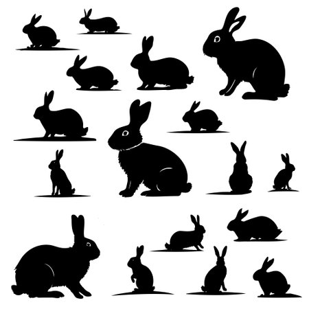 Various silhouettes easter bunnies isolated on white background. Set different rabbit silhouettes for design use.のイラスト素材