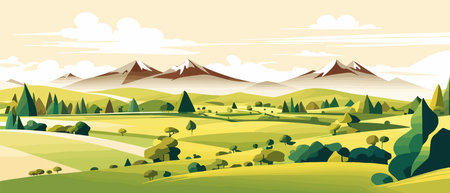 banner Spring landscape with green field and flowers cartoon rural farmland with mountain and forest, Natural scene in countryside,Panorama view on sunny day Summer vector illustration. Vectorのイラスト素材