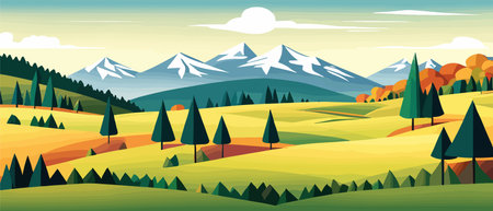 banner Spring landscape with green field and sunset,Vector illustration flat cartoon rural farmland with mountain and forest, pink and blue sky, Natural scene in countryside, sunny day Summer.のイラスト素材