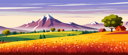 banner Field of spring flowers in the mountains lit by the morning sun vector illustration. Vector illustrationのイラスト素材