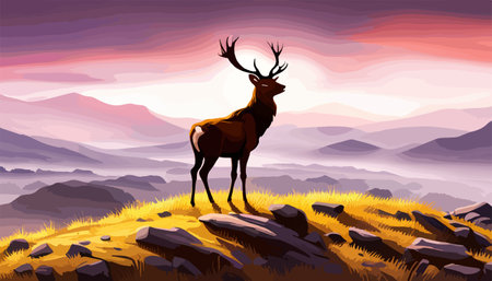 Vector illustration mountains woodland background with reindeer caribou against the background of foggy mountains and skyのイラスト素材