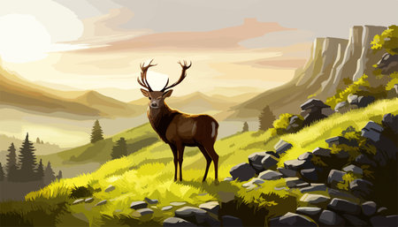Reindeer in tundra, minimalistic vector design illustration, beautiful majestic wild beast stands on a rocky terrain against the backdrop of mountains in the fogのイラスト素材