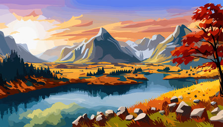 autumn forest in the morning autumn landscape mountains and river .Modern vector illustration.のイラスト素材