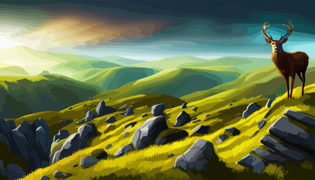 Reindeer in tundra, minimalistic vector design illustration, beautiful majestic wild beast stands on a rocky terrain against the backdrop of mountains in the fogのイラスト素材