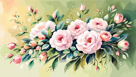 Pink rose hydrangea, ranunculus, vector illustration design bouquet. Wedding seasonal flowers. Floral border composition. On gradient vintage backgroundのイラスト素材