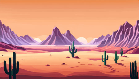 Mexico desert sunset with cactus on the background of stones and sky, vector illustrationのイラスト素材