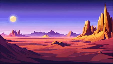 Mexico desert sunset with cactus on the background of stones and sky, vector illustrationのイラスト素材