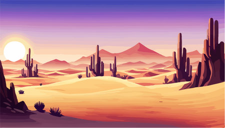 Mexico desert sunset with cactus on the background of stones and sky, vector illustrationのイラスト素材