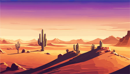 Mexico desert sunset with cactus on the background of stones and sky, vector illustrationのイラスト素材