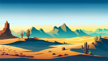 Desert of South America with cacti. Prairie landscape at sunset. Vector illustrationのイラスト素材